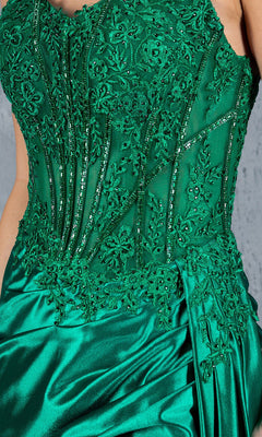 Close-up of the Cinderella Couture 8177J Long Corset Prom Dress in green satin and lace, showcasing intricate beadwork, embroidery, and a beaded corset bodice with visible boning.
