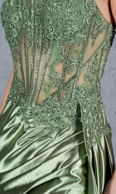 Close-up of the Long Corset Prom Dress: Cinderella Couture 8177J in green satin, featuring floral embroidery and beading on a sheer, embellished corset bodice, worn by a model.