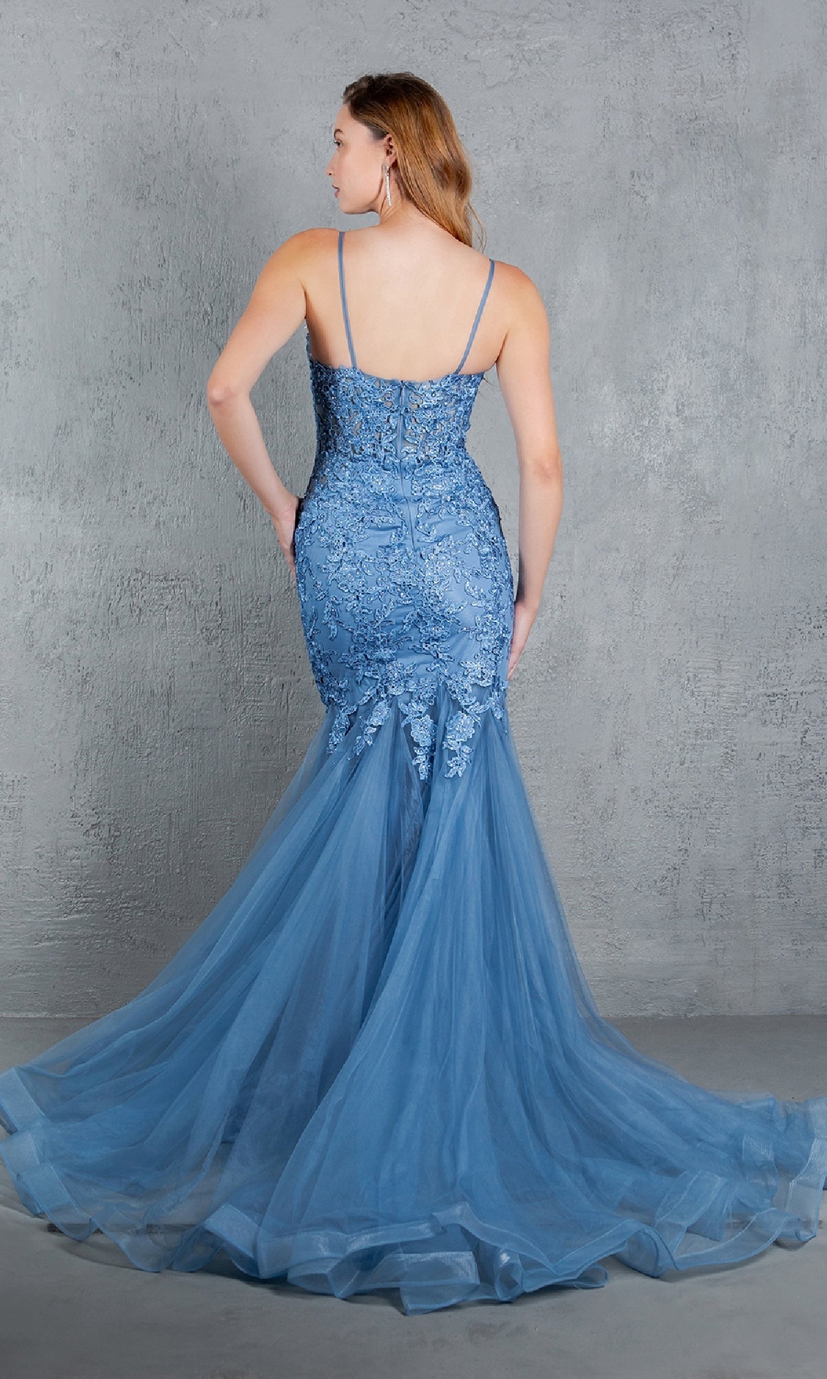A woman is shown from the back against a gray textured wall, wearing the Cinderella Couture 8178J beaded long prom dress in blue lace and tulle with thin straps and intricate embroidery.
