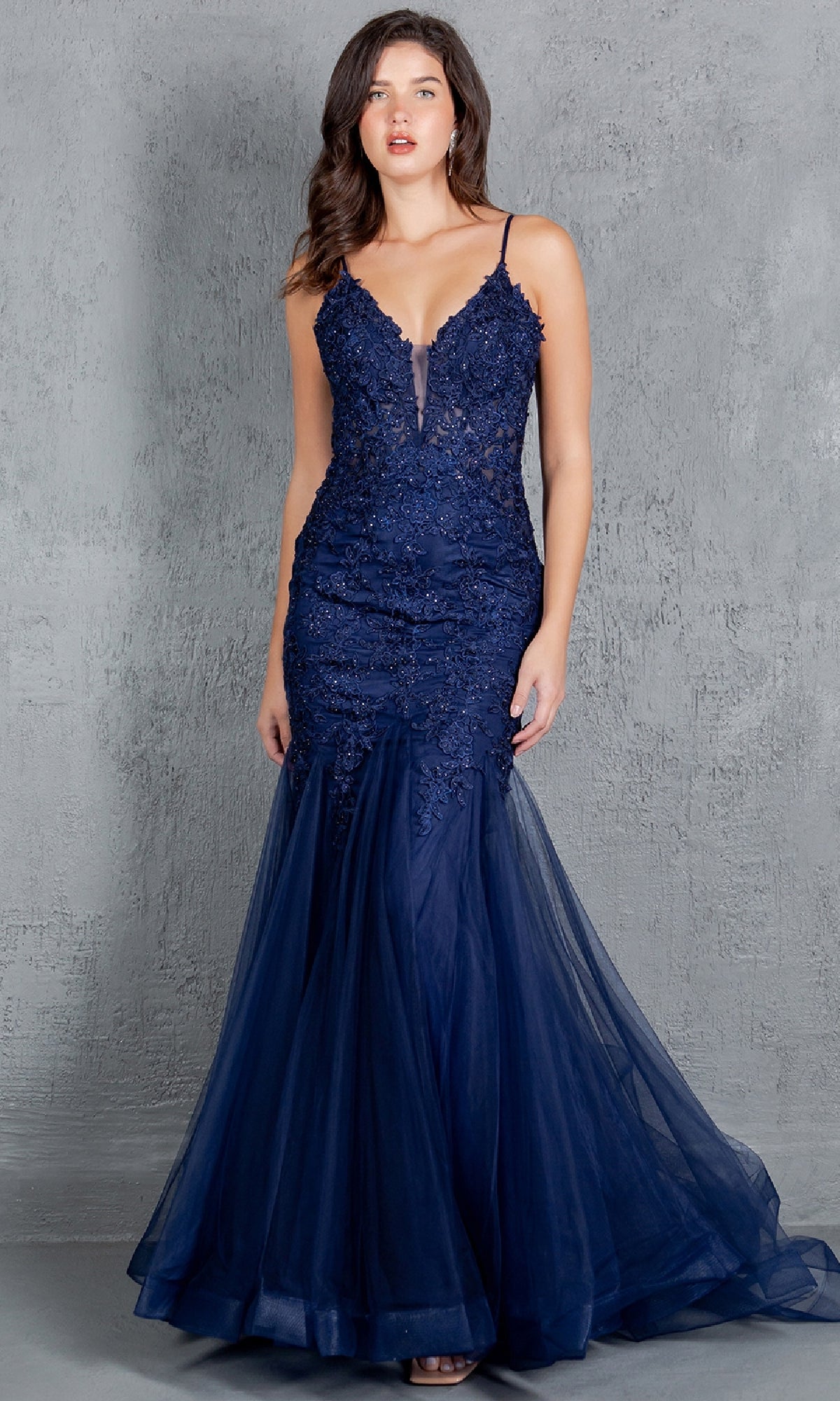 Long Mermaid Prom Dress with Beading Navy / 2XLarge