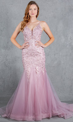 A woman poses against a gray background wearing the Beaded Long Prom Dress: Cinderella Couture 8178J, featuring light pink fabric, lace and beaded embroidery accents, thin straps, and a dramatic mermaid-style tulle skirt.