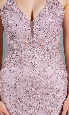 Close-up of a woman wearing the Cinderella Couture 8178J Beaded Long Prom Dress, featuring light pink lace with floral patterns, beaded embroidery, and a deep V neckline. The background is plain gray.