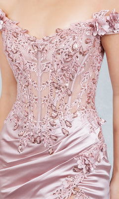 A close-up of the Sexy Short Hoco Dress: Cinderella Couture 8181JS—a pink satin cocktail dress with floral appliqué, lace, and sequin embellishments on the bodice and sleeves.
