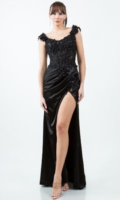 A woman stands against a plain light background wearing the Sparkly Long Prom Dress: Cinderella Couture 8181J, an embroidered evening gown featuring sequins and a high slit.