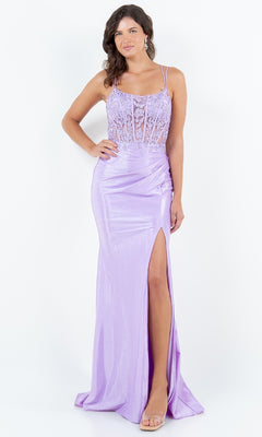 A woman wearing the Lace-Up Lilac Prom Gown (Cinderella Couture 8185J), a floor-length, shimmery purple dress with a lace bodice, thin straps, and a high slit, stands against a white background.