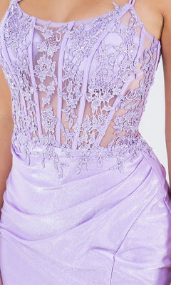 Close-up of a person wearing the Lace-Up Lilac Prom Gown: Cinderella Couture 8185J, featuring a sheer lace bodice and delicate spaghetti straps.