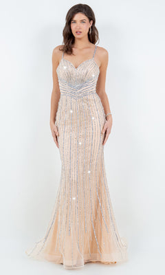 A woman poses against a plain white background wearing the Bead-Striped Prom Gown: Cinderella Couture 8203J, a nude floor-length dress adorned with silver sequin embellishments and intricate beading.