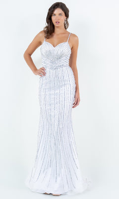 A woman wears the Bead-Striped Prom Gown: Cinderella Couture 8203J—a sleeveless, floor-length white dress with silver sequin stripes and a sweetheart neckline—posing elegantly against a plain white background.