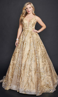 A woman wears the Nina Canacci 8209 Print Prom Ball Gown, a sleeveless gold and silver glitter dress with a deep V-neckline, standing against a plain dark background.