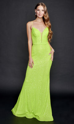 A woman stands against a black background wearing the Neon Green Sequin Prom Dress: Nina Canacci 8214, a floor-length gown with thin straps, an open back, and a deep V neckline.