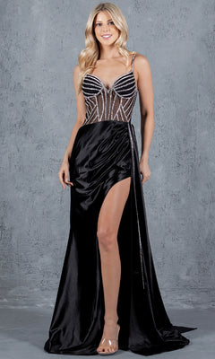 A woman poses against a gray textured background, wearing the Side-Sash Long Prom Gown by Cinderella Couture 8219J, featuring a sheer bodice, spaghetti straps, beaded design, and a high side slit.