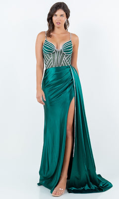 Woman wearing the Cinderella Couture 8219J Side-Sash Long Prom Gown with a thigh-high slit, beaded emerald green fabric, sheer bodice, and spaghetti straps, standing against a plain white background.