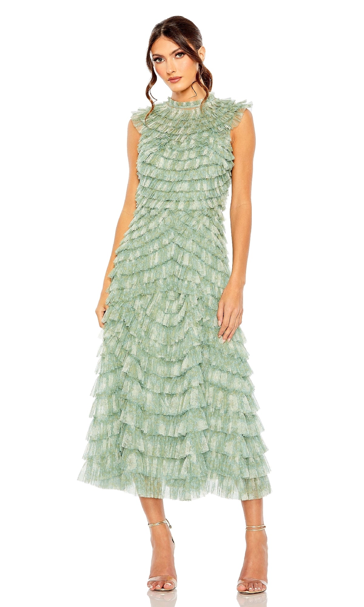 green ruffle wedding guest dress Midi Ruffled Dress: Mac Duggal 8225 Multi / 0 Black Evening Dress Color:Cornsilk this elegant silhouette blends Gold Jovani White Gown