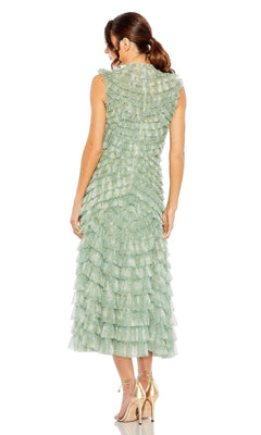 Green Tea-Length Wedding Guest Dress with Ruffles– PromGirl