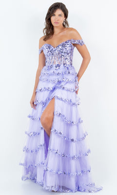 A woman poses against a plain white background in the Ruffle Prom Ball Gown: Cinderella Couture 8228J—an off-the-shoulder dress with lavender sequin embroidery, tulle, a tiered skirt, and high slit.