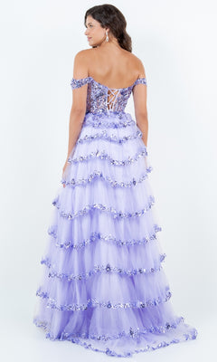A woman faces away in the Ruffle Prom Ball Gown: Cinderella Couture 8228J, a lavender off-the-shoulder dress featuring a lace-up back, tiered ruffled skirt, sequin embroidery, and floral embellishments.