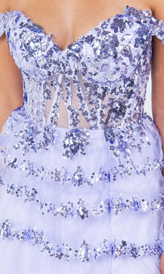 Close-up of the Ruffle Prom Ball Gown: Cinderella Couture 8228J in lavender, featuring an off-the-shoulder design, sheer panels, and intricate sequin floral embroidery.