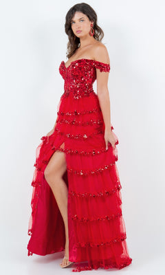 Off-the-Shoulder Long Ruffled Prom Dress with Sequins– PromGirl