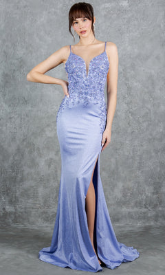 A woman poses against a gray textured backdrop in the Cinderella Couture 8255J, a sleeveless light purple glitter prom dress featuring floral embellishments, a deep neckline, and a thigh-high slit.