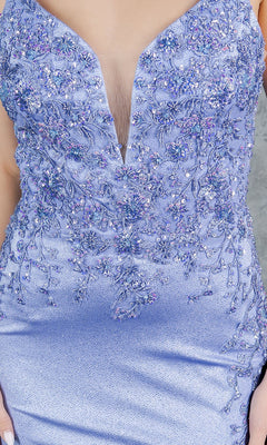 Close-up of a person wearing the Cinderella Couture 8255J Long Glitter Prom Dress, a light purple sleeveless gown with intricate floral embroidery, beading, and a deep V-neckline.