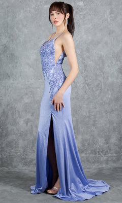 Woman wearing the Long Glitter Prom Dress: Cinderella Couture 8255J—a light purple, sleeveless gown with floral lace and thigh-high slit, perfect for any formal occasion. She stands against a gray textured background.