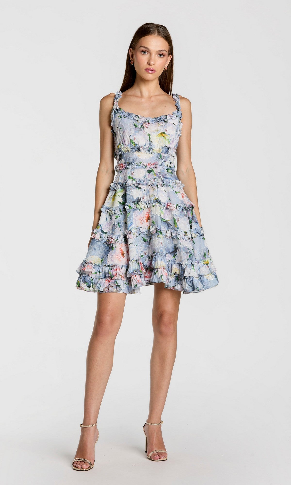 Ivory Floral Square Neck Ruffle Mini Dress