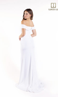 A woman poses in the Off-the-Shoulder Crepe Prom Dress: Lucci Lu 8262, facing slightly away against a plain white backdrop. The Lucci Lu logo in the top right emphasizes this stunning formal gown.