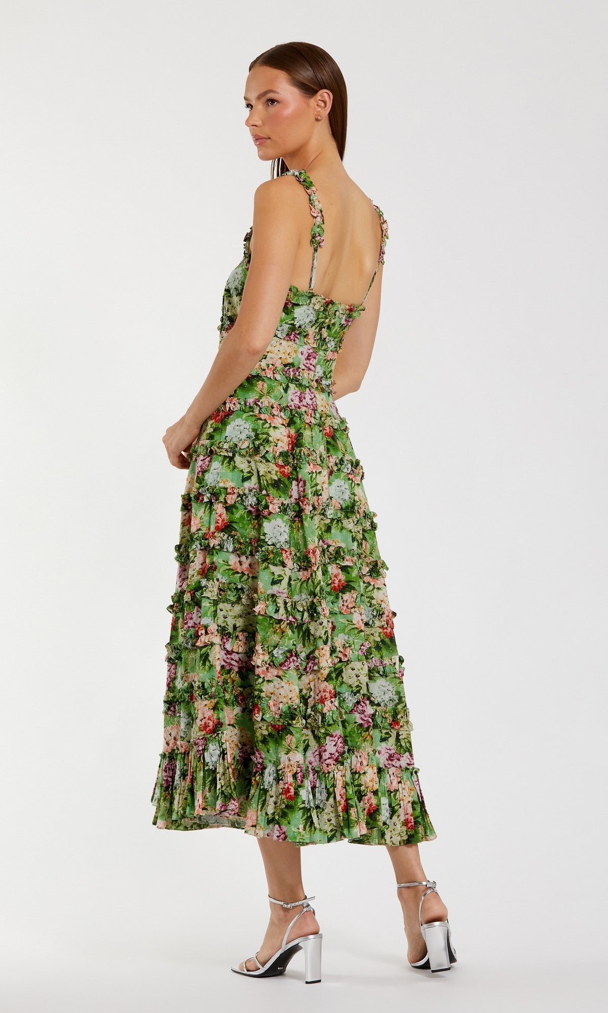 Mac Duggal Women's Ruffle Floral Square Neck Midi Dress - Green - Size 12