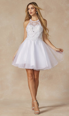 Woman in the Juliet 826 short hoco dress featuring a white sleeveless design, sheer embellished bodice, A-line tulle skirt, and paired with silver high-heeled sandals.