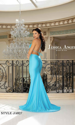 A woman in a fitted, bright blue mermaid gown stands in an elegant room with a chandelier, facing away. Text: “Cut-Out Sleek Long Prom Dress: Jessica Angel 827.”.