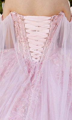 Close-up of the back of the Quinceanera Dress 8270J by Cinderella Couture in pink, featuring a lace-up design, sheer sparkly fabric, off-shoulder sleeves, and beautifully adorned with 3D floral appliques.