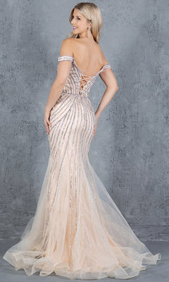 Off-the-Shoulder Long Mermaid Prom Dress with Beads Champagne / 2XLarge