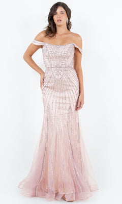 A woman wears the Cinderella Couture 8271J, a blush pink off-the-shoulder long beaded prom dress with sequins and embellishments, posing against a plain white background.
