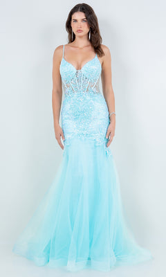 A woman wearing the Long Mermaid Prom Dress: Cinderella Couture 8276J, featuring light blue fabric, sheer panels, lace details, and thin straps stands against a plain white background.