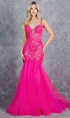 A woman in the Long Mermaid Prom Dress: Cinderella Couture 8276J—a bright pink sequin evening gown—stands against a gray textured background.