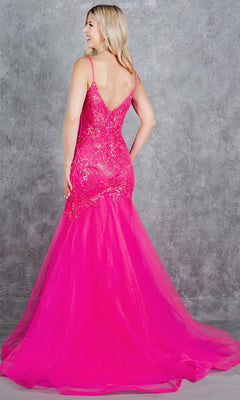 A woman faces away in the Cinderella Couture 8276J— a bright pink, floor-length mermaid prom dress with sequined floral patterns and a flared tulle skirt, perfect for special occasions.