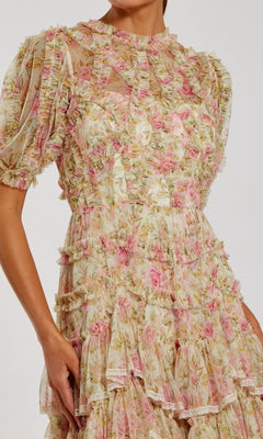 Someone wearing the Mac Duggal 8295 Midi Wedding Guest Dress, which features pastel pink and green floral mesh, sheer fabric, ruffle details, short puff sleeves, and a layered skirt.
