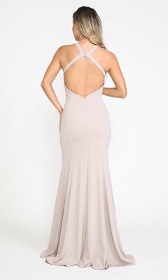 A woman stands with her back to the camera against a plain white background, wearing the Simple Sleeveless Long Jersey Prom Dress 8298 in light beige, featuring a floor-length open back with criss-cross straps.