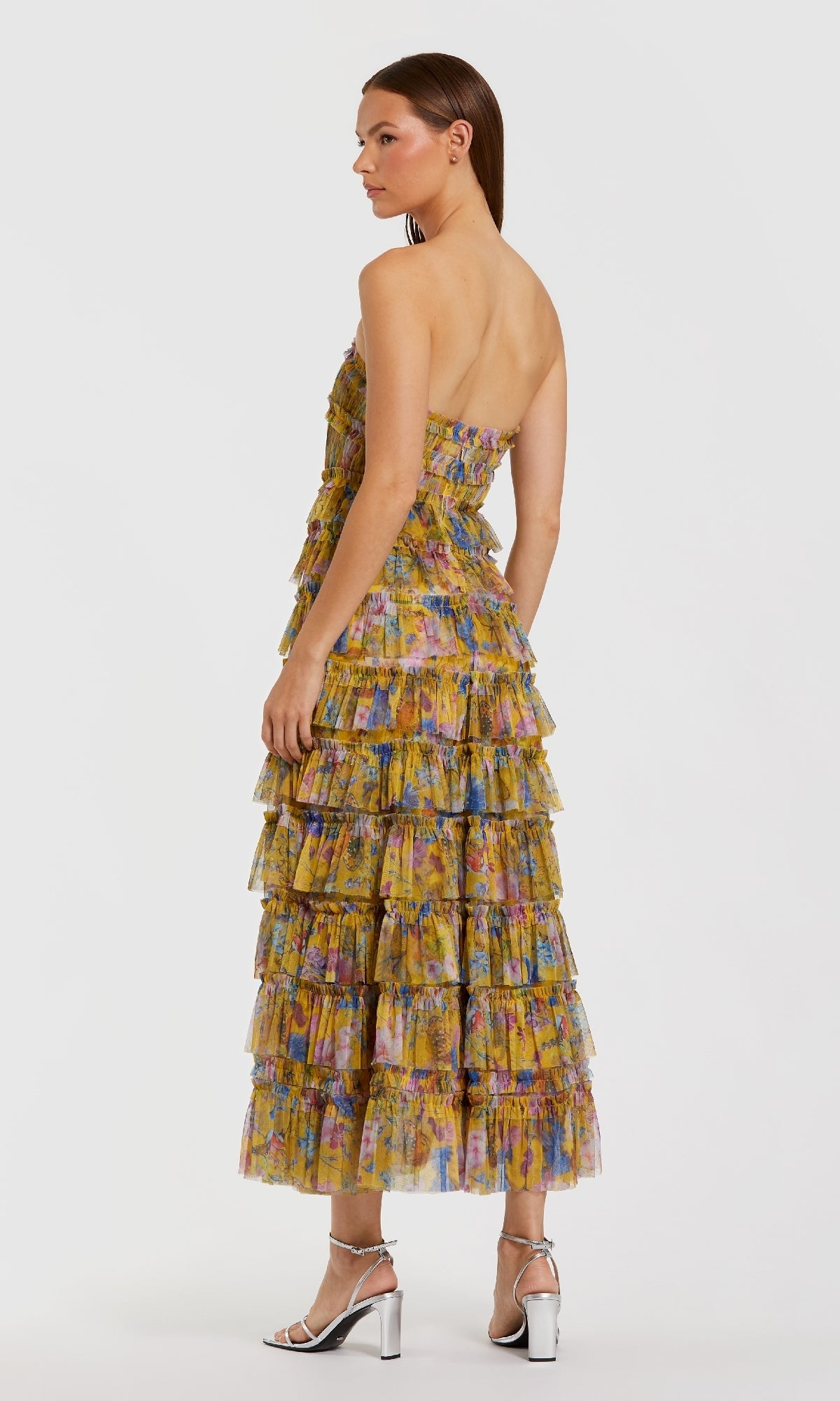 Mac Duggal - Yellow Floral Strapless Ruffle Midi Dress