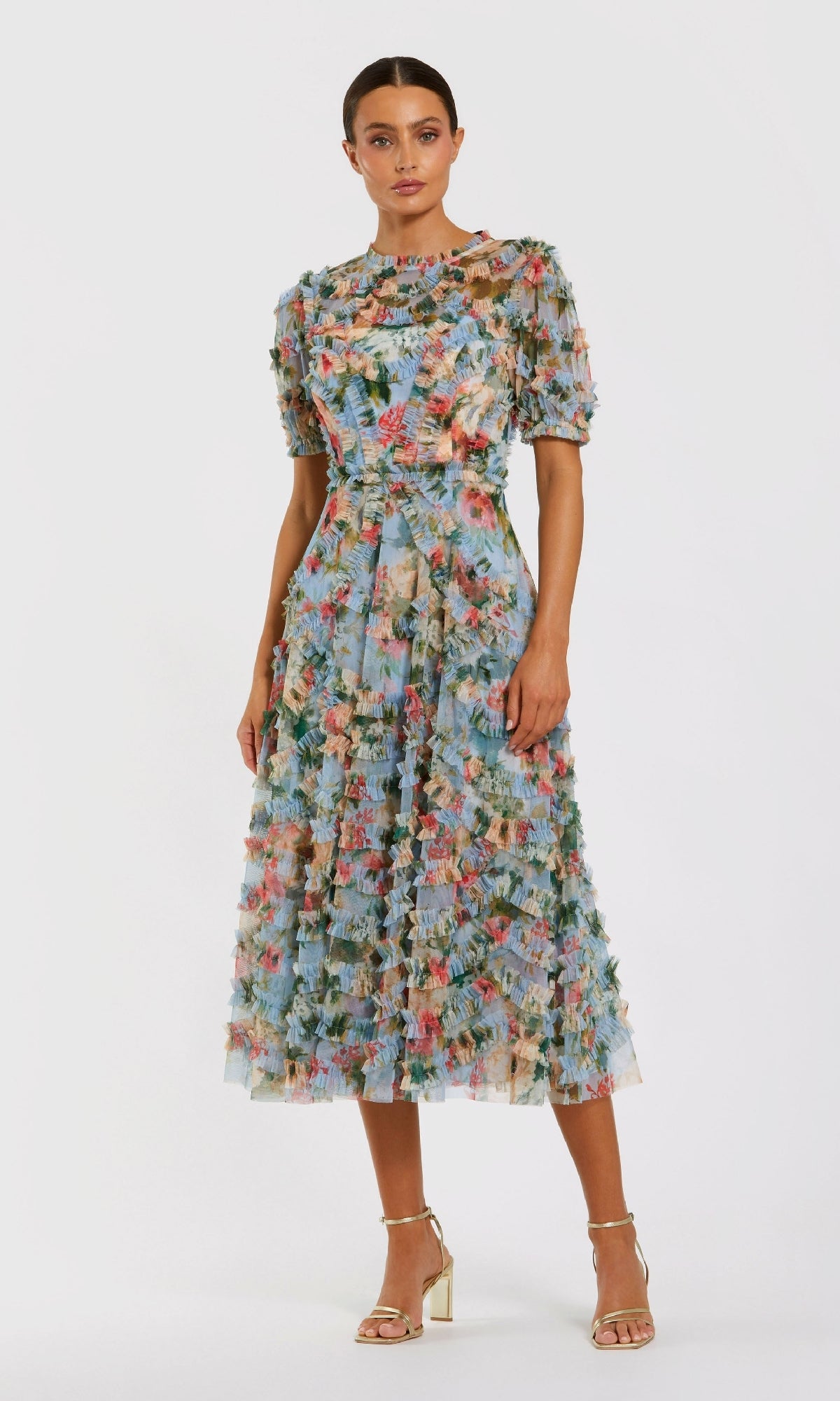 Floral Midi Wedding-Guest Dress: Mac Duggal 8302 Blue Multi / 2