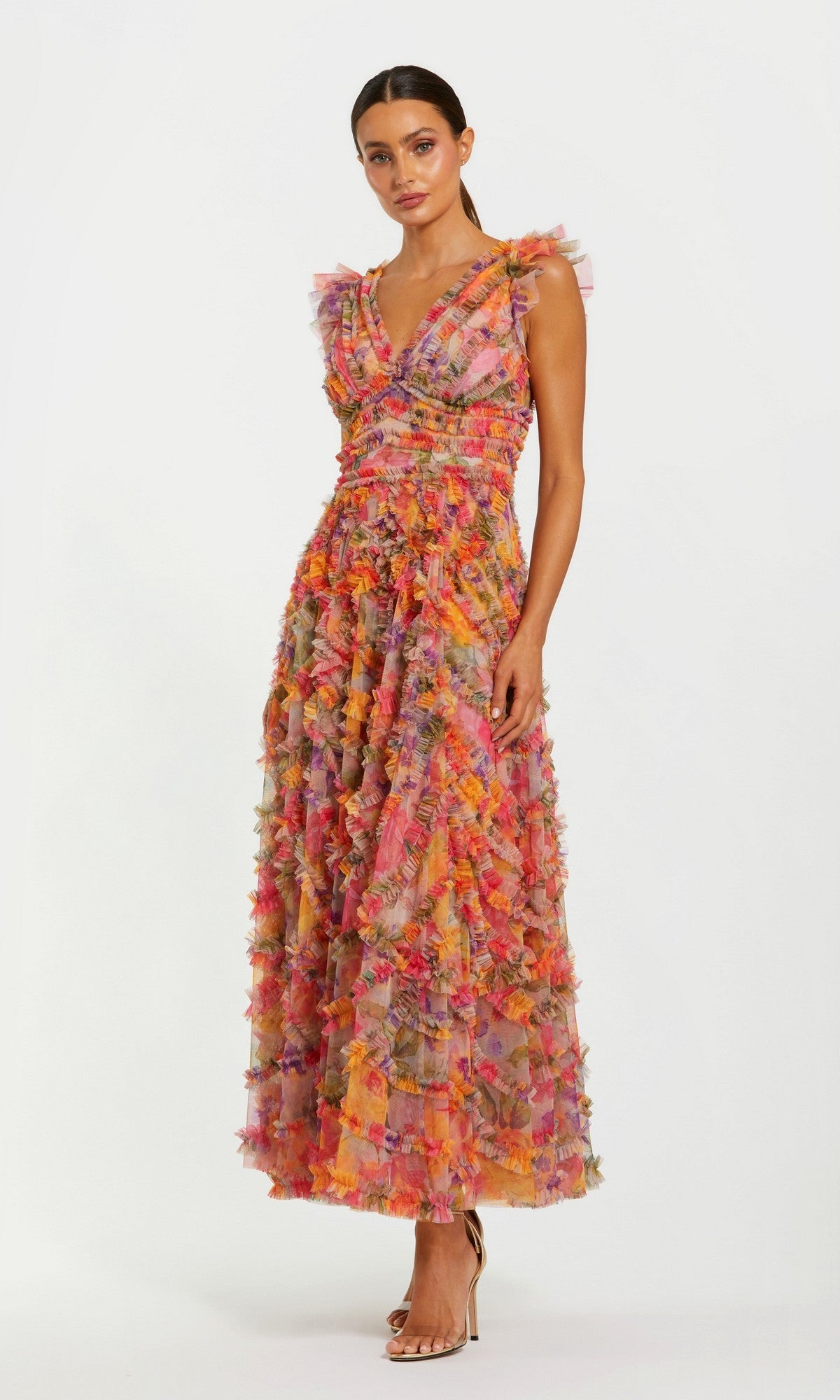 Multicolor Floral V-Neck Ruffle Maxi Dress