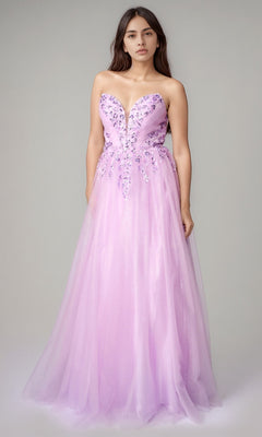 A woman stands against a plain background wearing the Nina Canacci 8310, a long formal lilac dress with a strapless sweetheart neckline and floral-embellished bodice.