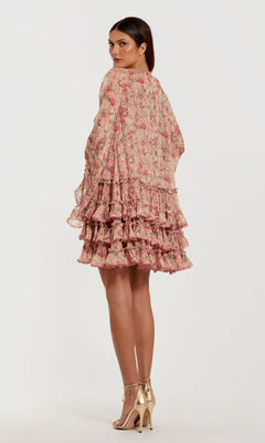 long sleeve mini dress wedding guest Mac Duggal - Pink Floral Long Sleeve Ruffle Mini Dress