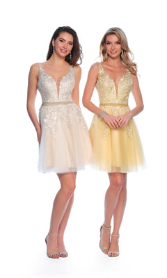 Two women stand side by side in Dave & Johnny A-Line Short Homecoming Dress H341 with lace embroidery and beaded bodices—one beige, one yellow—against a plain white background.