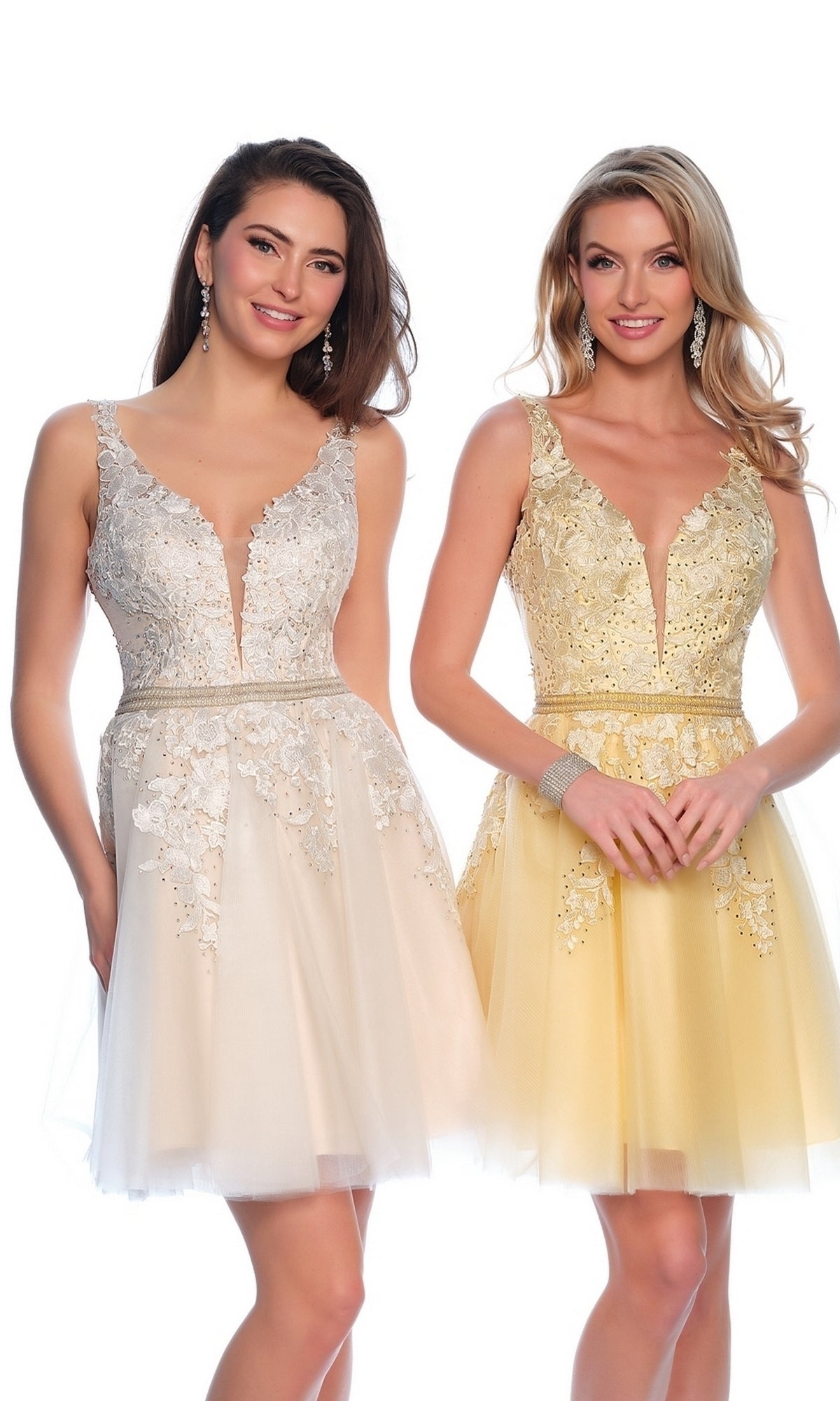 Two women stand side by side in A-Line Short Homecoming Dress H341—each features a beaded bodice, lace, and sequins; one wears ivory and the other pale yellow.