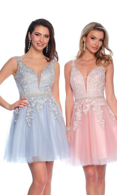 Two women wear sleeveless tulle dresses with lace and beaded bodices—one light blue, one light pink. These chic outfits are perfect for any event, especially as the A-Line Short Homecoming Dress H341.