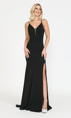 Woman wearing the Open-Back V-Neck Long Simple Jersey Prom Dress 8360 in black, a sleeveless floor-length gown with a high slit, posing and smiling against a plain white background.