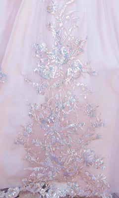 Close-up of the intricate, iridescent floral embroidery on the Quinceanera Dress 8370J By Cinderella Couture, featuring detailed flowers and leaves with shimmering threads—perfect for a quinceanera ball gown with delicate floral appliques.