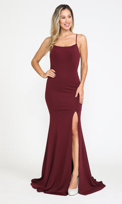 A woman wears the Classic Simple Open-Back Long Prom Dress 8376 in burgundy, featuring a sleeveless design, thin straps, floor-length silhouette, and high slit, standing against a plain white background.