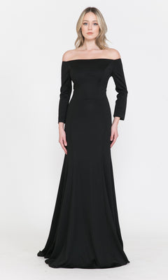 A woman faces forward in the Off-the-Shoulder Long-Sleeve Formal Prom Dress 8378, a black gown with elegant long sleeves, set against a plain white background.